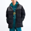 Contrast Color Letter Printed Hooded Down Jacket “Black Grey”