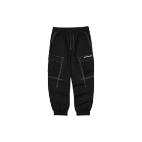 Letter Mid-Waist Woven Elastic Cuff Knit Sports Pants “Black”
