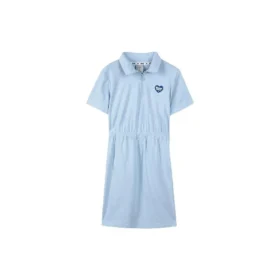 Logo Printed Waist-Defining Short Sleeve Dress “White Black Blue”