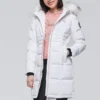 Long Waist-Drawstring Furry Hooded Down Jacket “Black White”
