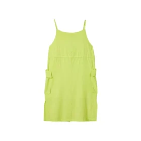 Solid Color Drawstring Waist Design Loose Sleeveless Dress “Green”